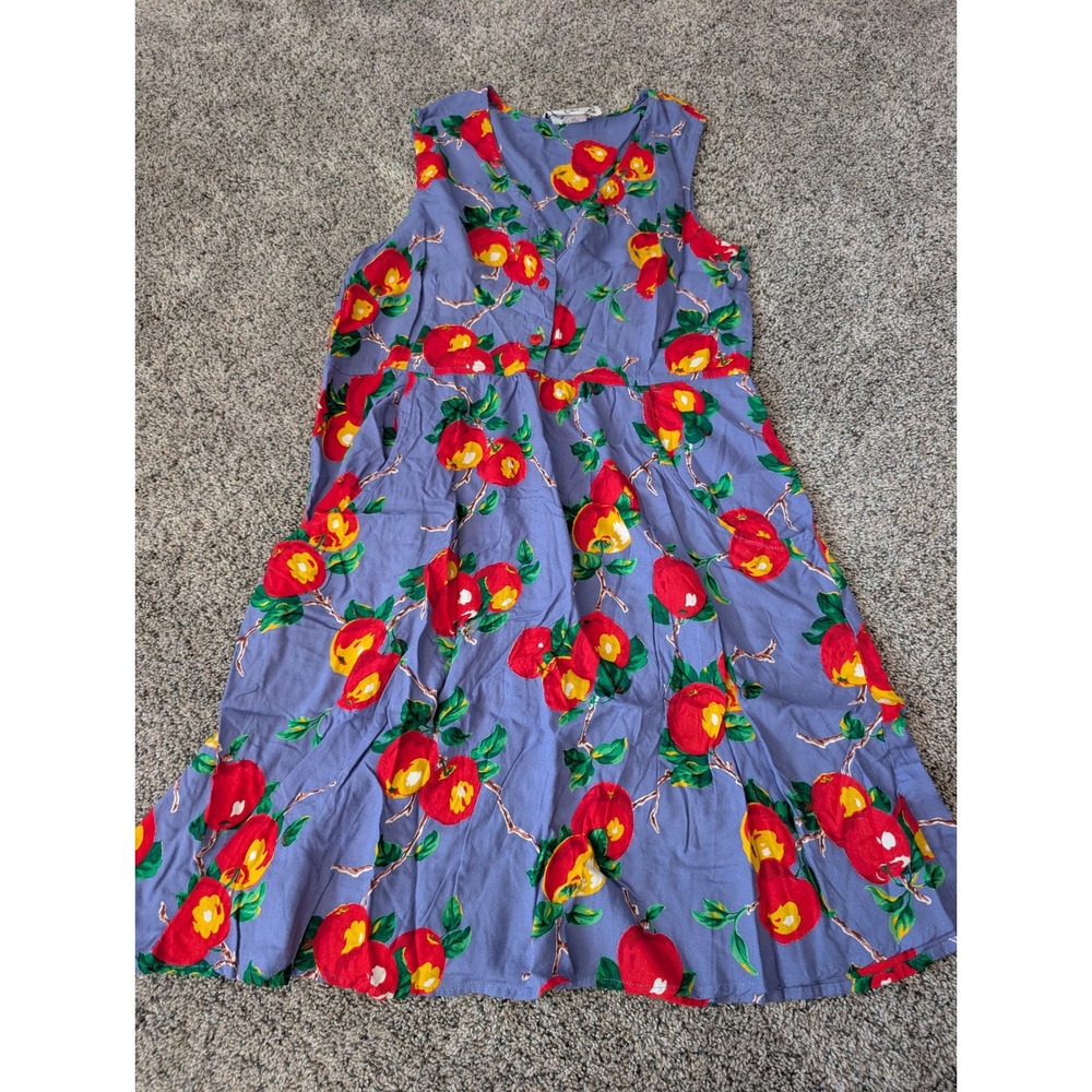 Dressing Clio Vintage 90s Apple Print Rayon Midi Dress Blue Red Large Pockets